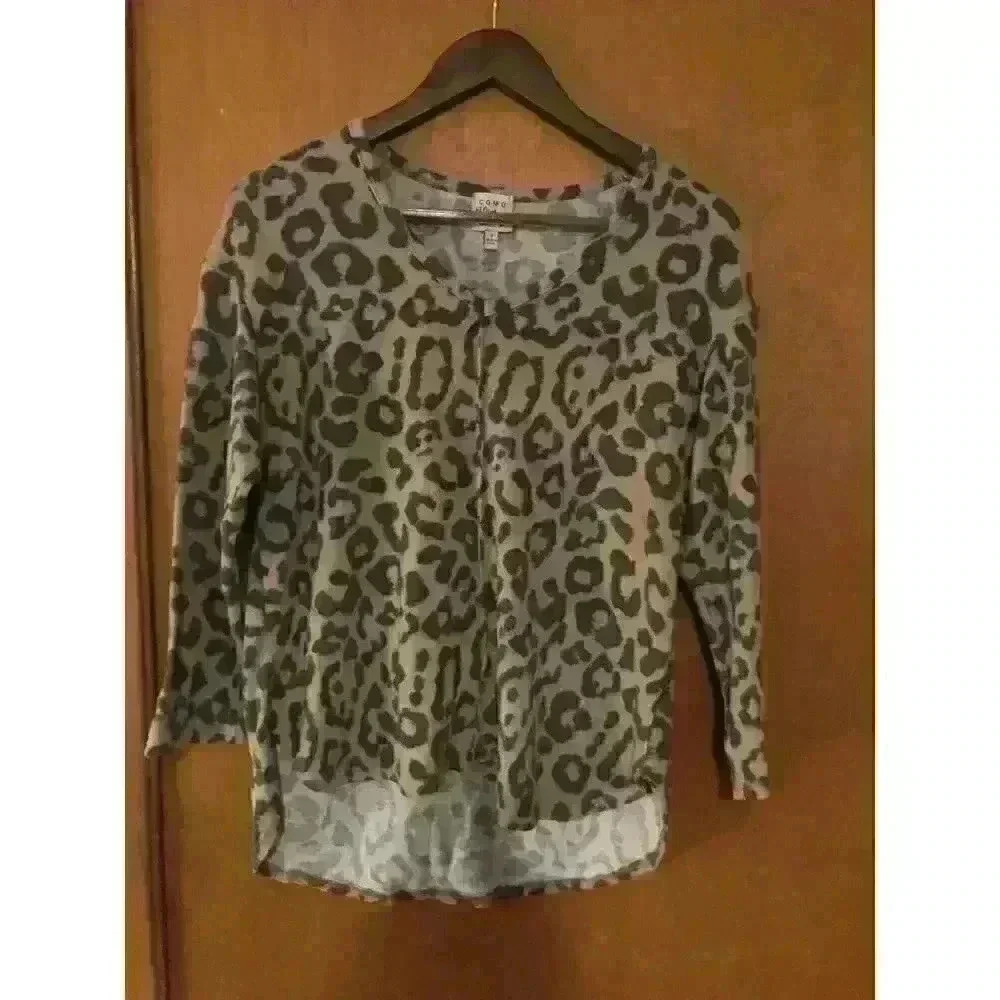 Como Vintage Leopard Print Brushed Cotton Top 3/4 Sleeve High-Low‎ Small